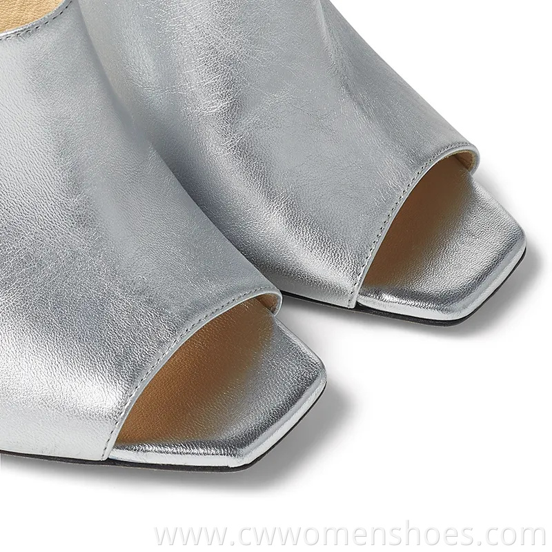 Large Size High Heels Women Silver Block Heel Mules with Crystal Drape